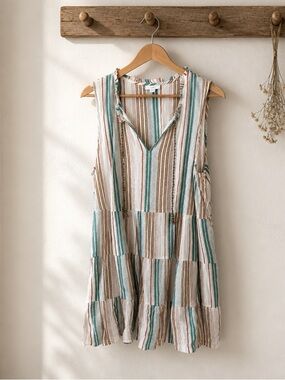 J. Jill Large Tall Striped Tiered Sleeveless Dress Cotton Blend Boho Coastal